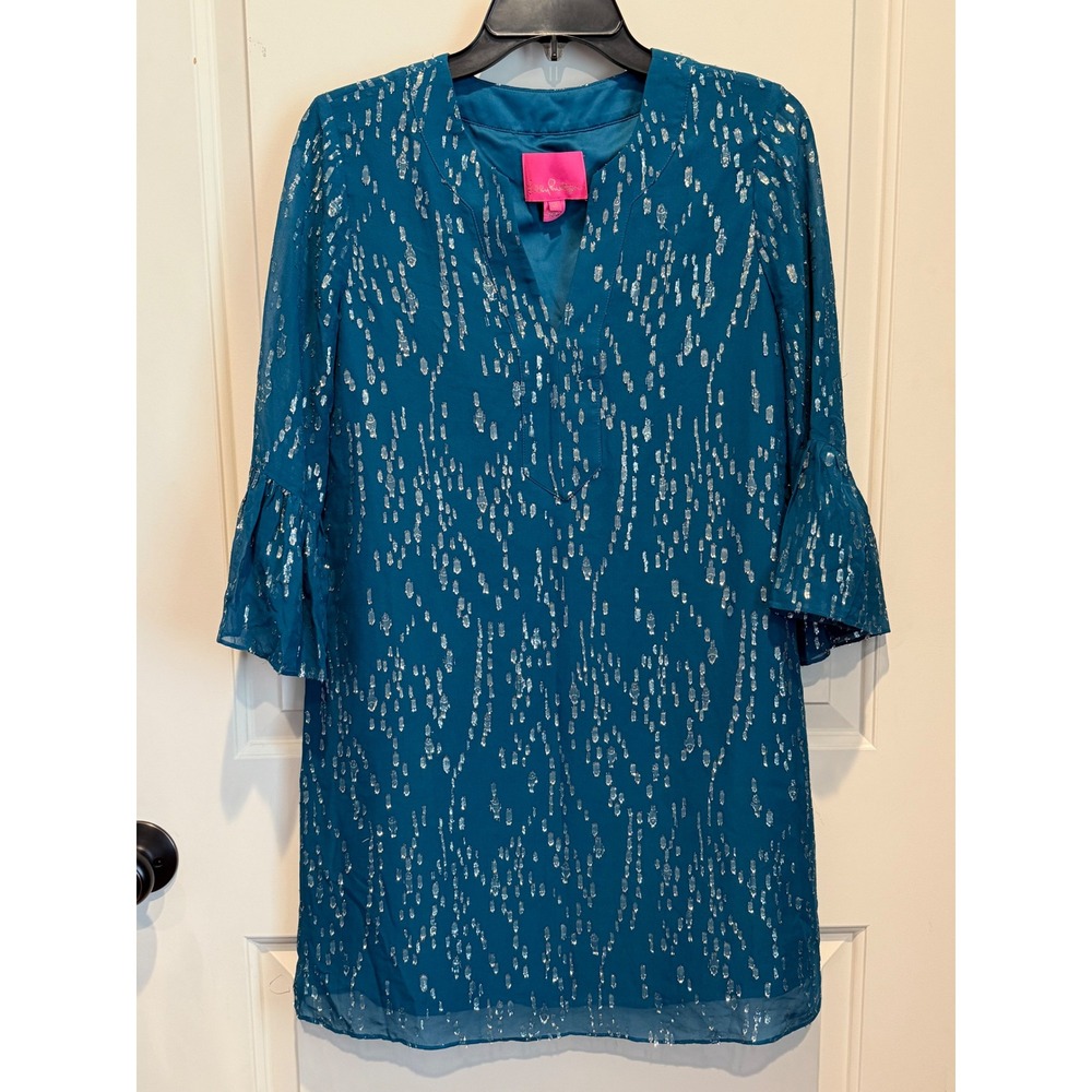 Lilly Pulitzer Teal Blue Silk Metallic Clip Dot Bell Sleeve Shift Dress XS